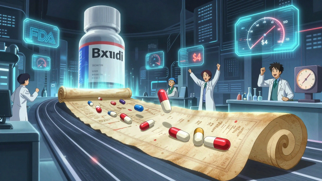 Hatch-Waxman Act scroll unleashing generic drugs in a race to outpace a fading brand-name drug monolith.