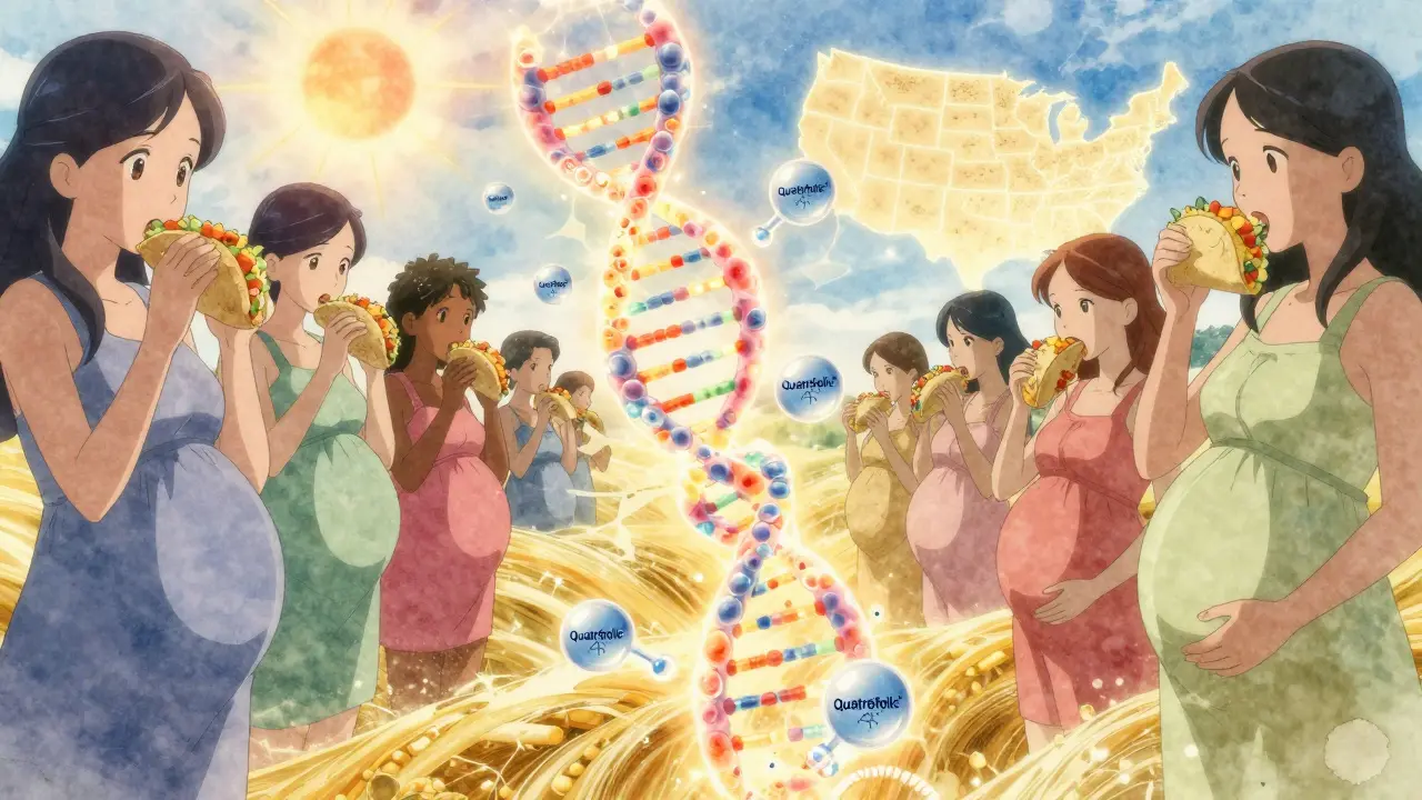 Neural tube developing with L-methylfolate molecules, diverse women eating corn tortillas under sunrise.