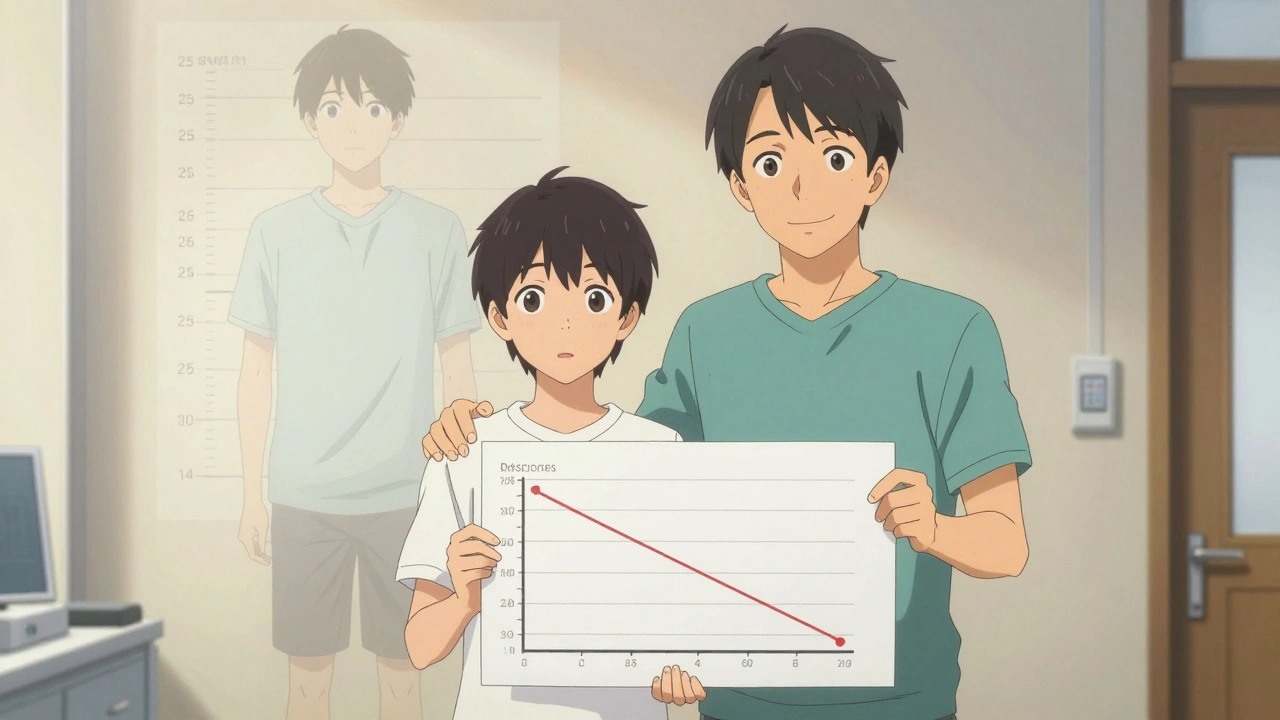 Parent and teen reviewing a growth chart with a doctor, visualizing future recovery and health.