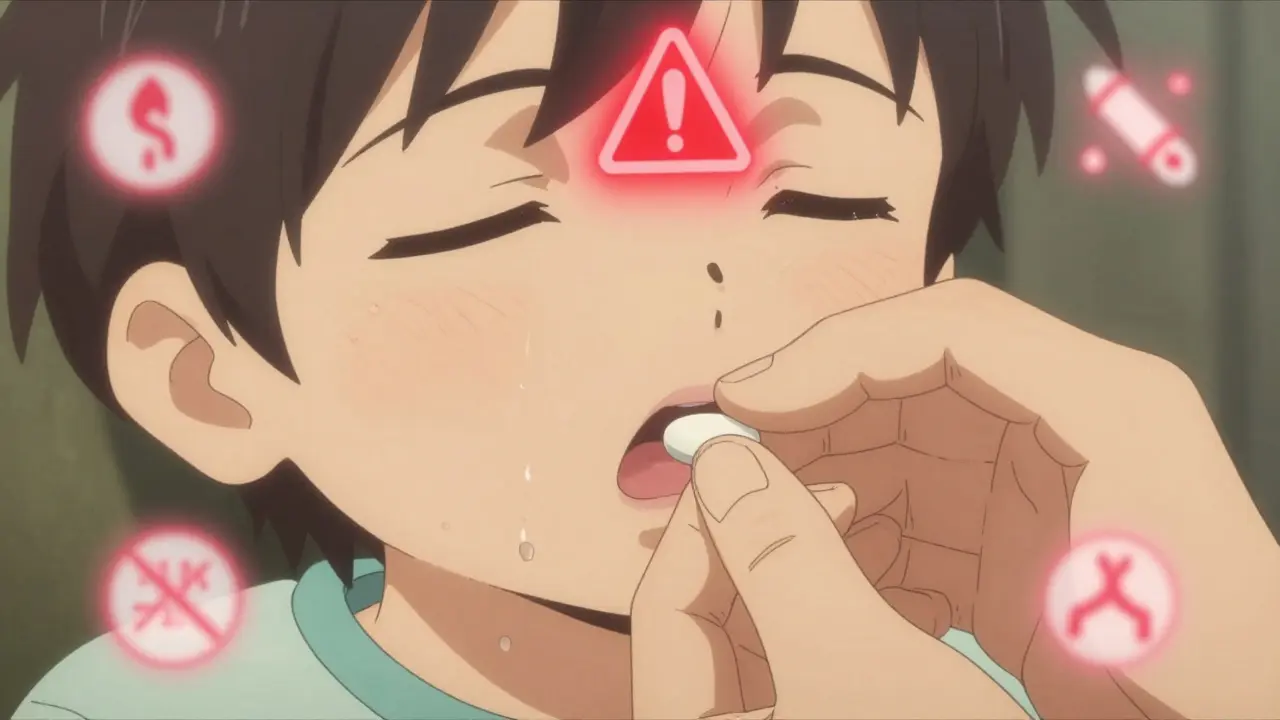 Parent gently removing pill from child's mouth while rinsing