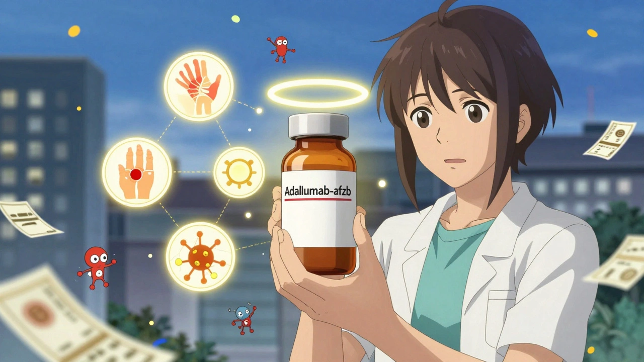 Patient holding biosimilar prescription with glowing four-letter suffix and medical condition icons.