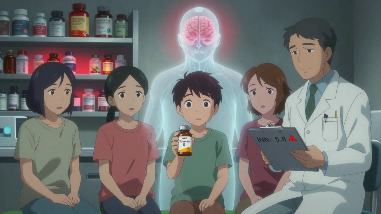 Patient in clinic with ghostly brain hemorrhage behind them, doctor holding INR alert.