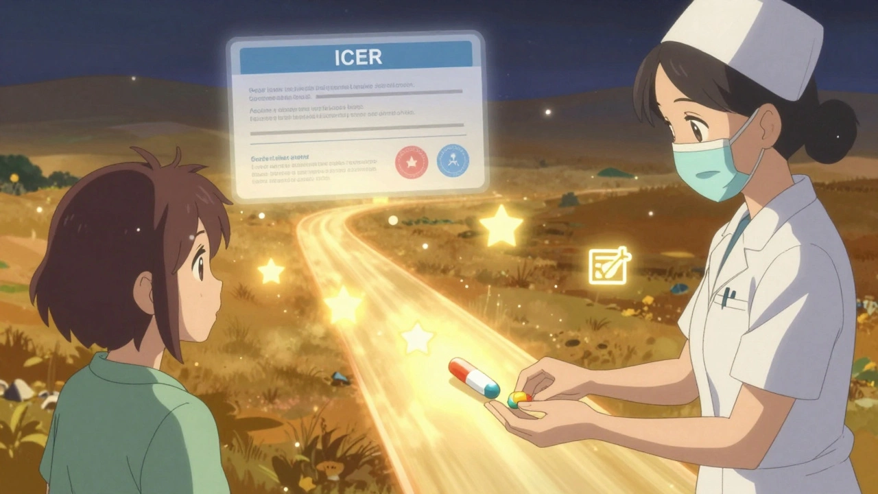 Patient receiving a generic pill with a glowing path representing cost savings and better outcomes.