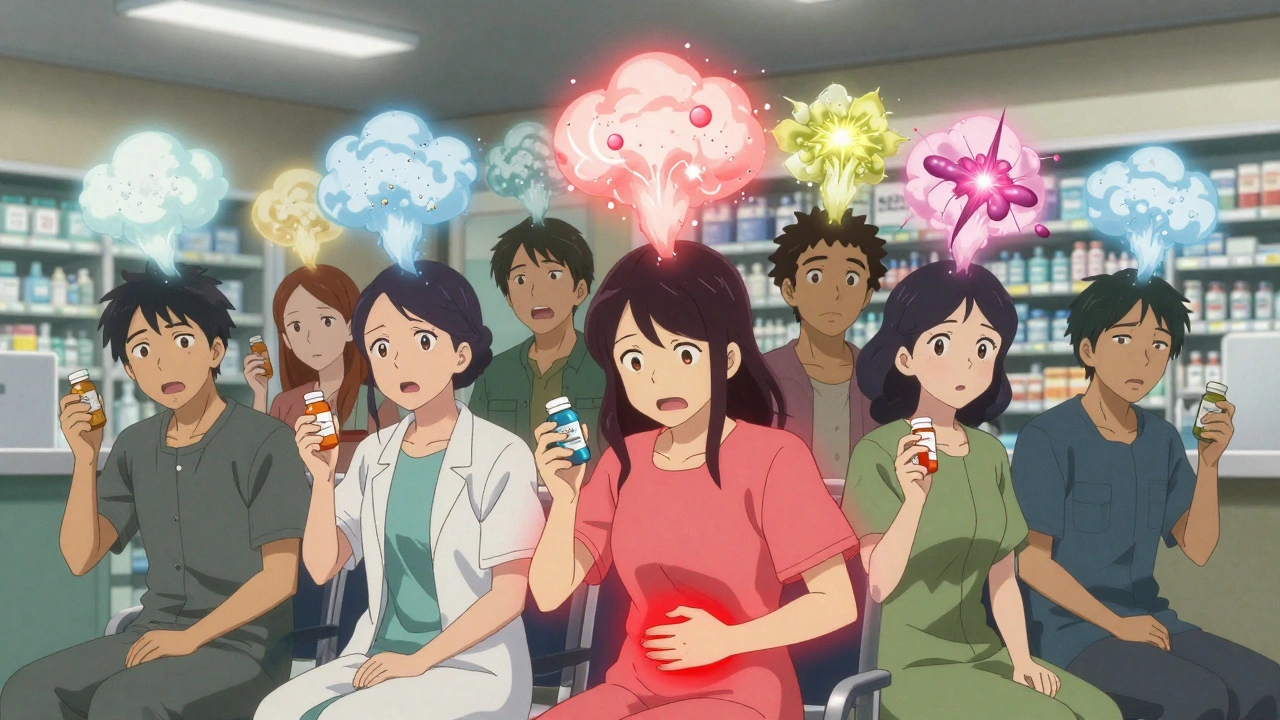 Patients in a pharmacy with invisible excipient streams clashing above their heads, one showing distress.