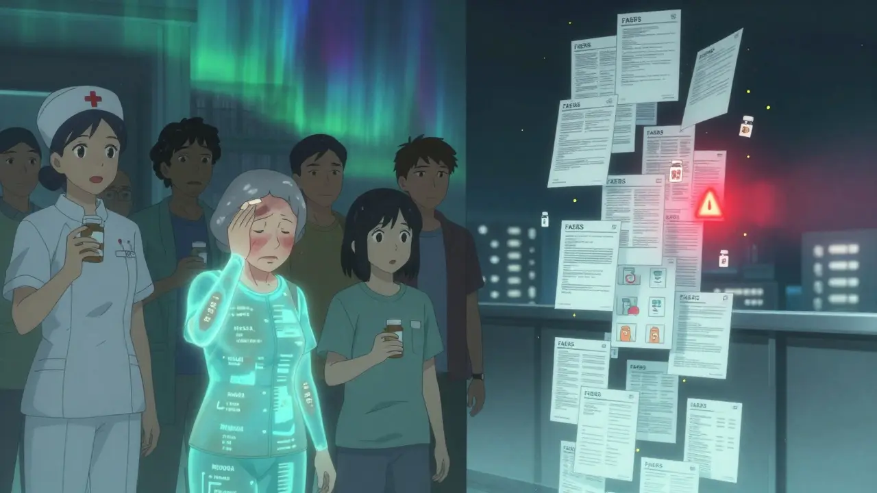 People radiating drug side effects as auroras, while FAERS reports swirl like fireflies around a towering archive.