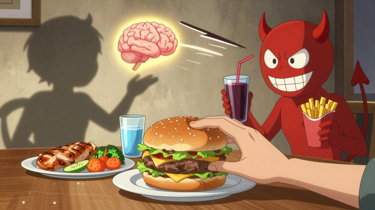 Person choosing healthy food as their shadow shows balanced meal over junk food.