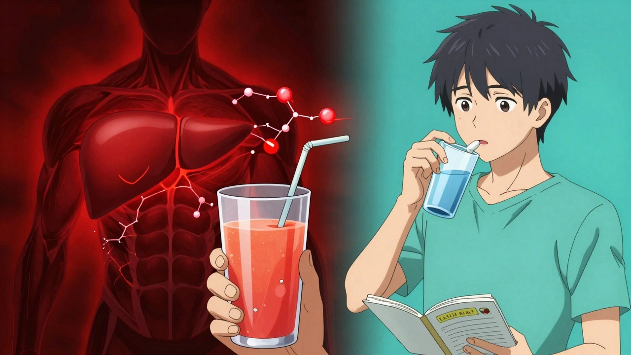 Person drinking grapefruit juice next to statin pill with warning signs