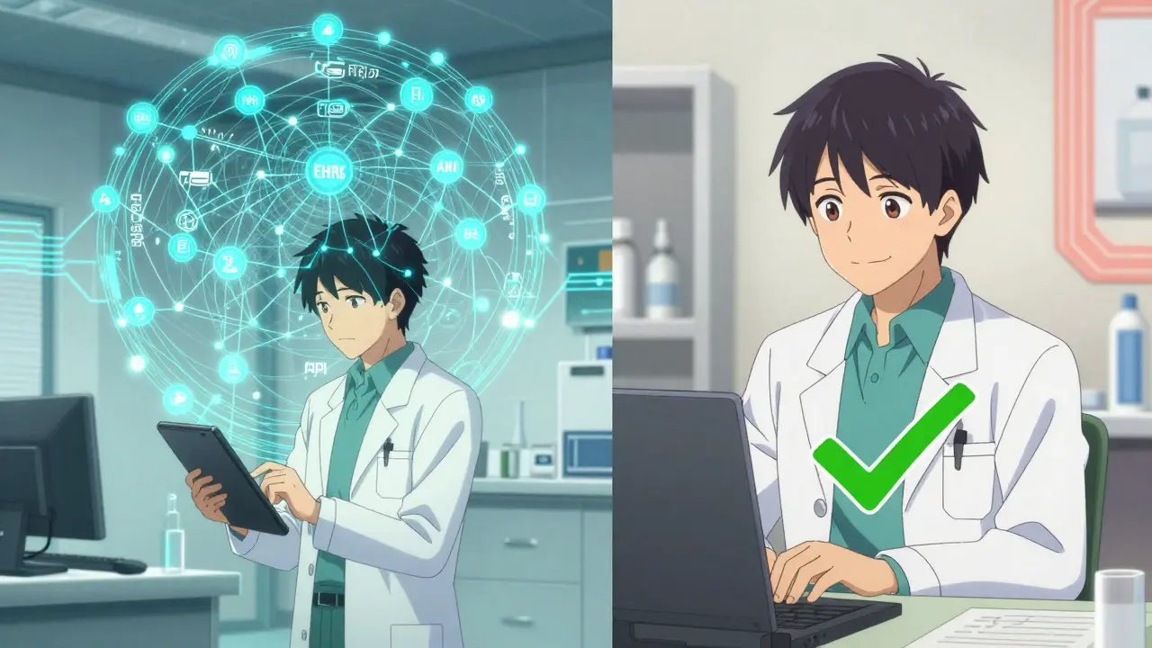 Pharmacist and doctor connecting via digital EHR system to resolve a medication conflict.
