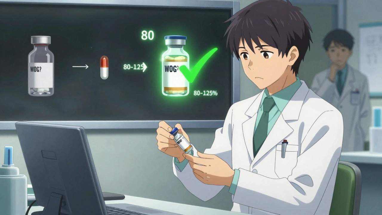 Pharmacist swapping a generic drug during a shortage with bioequivalence indicators.
