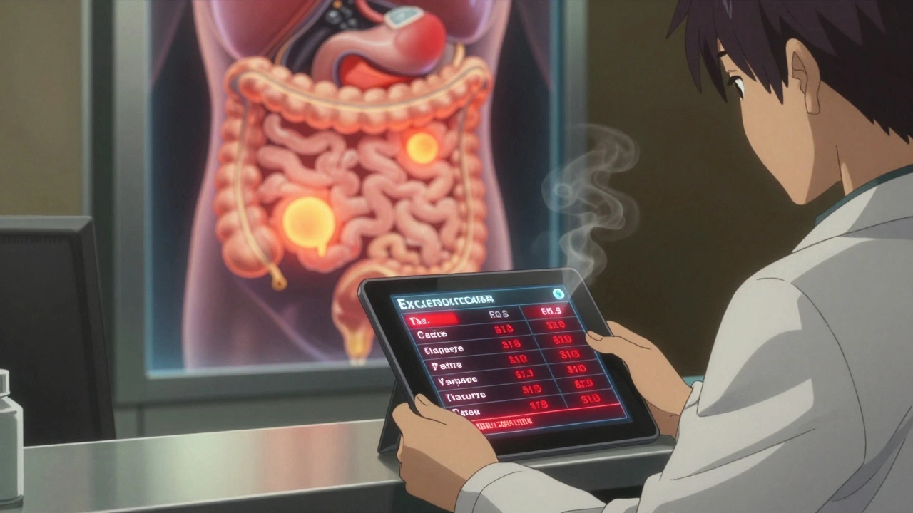 Pharmacist using a digital tool to calculate cumulative excipient exposure from multiple prescriptions.