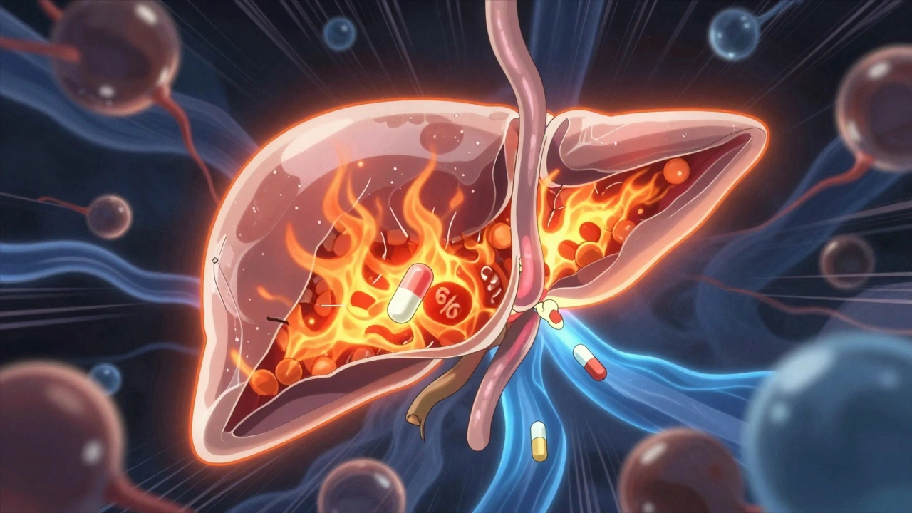 Pill dissolving in liver with 90% of drug broken down before entering blood