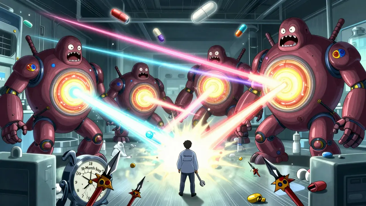 Robotic branded drugs with multiple patent cores freezing generic capsules, while a worker tries to break the 30-month clock.