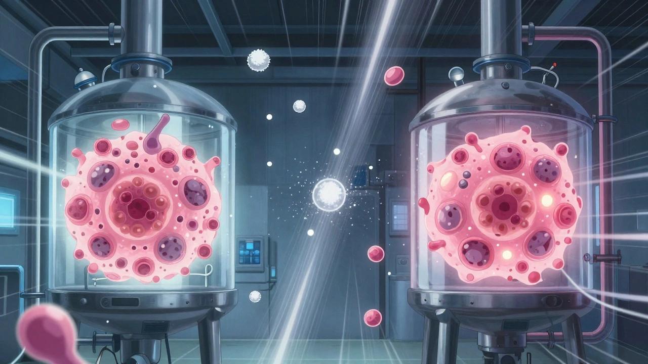 Side-by-side biologic and biosimilar manufacturing facilities with glowing molecular particles.