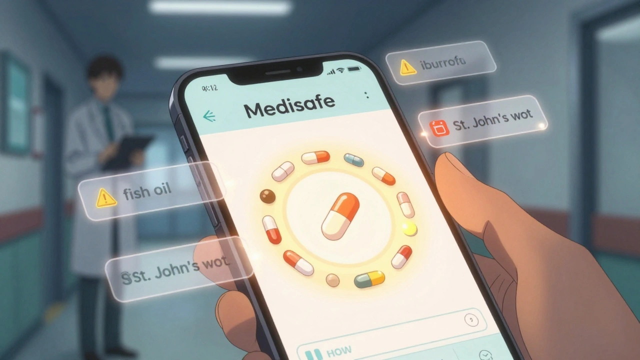 Smartphone screen showing a medication app with floating drug labels and warning symbols.