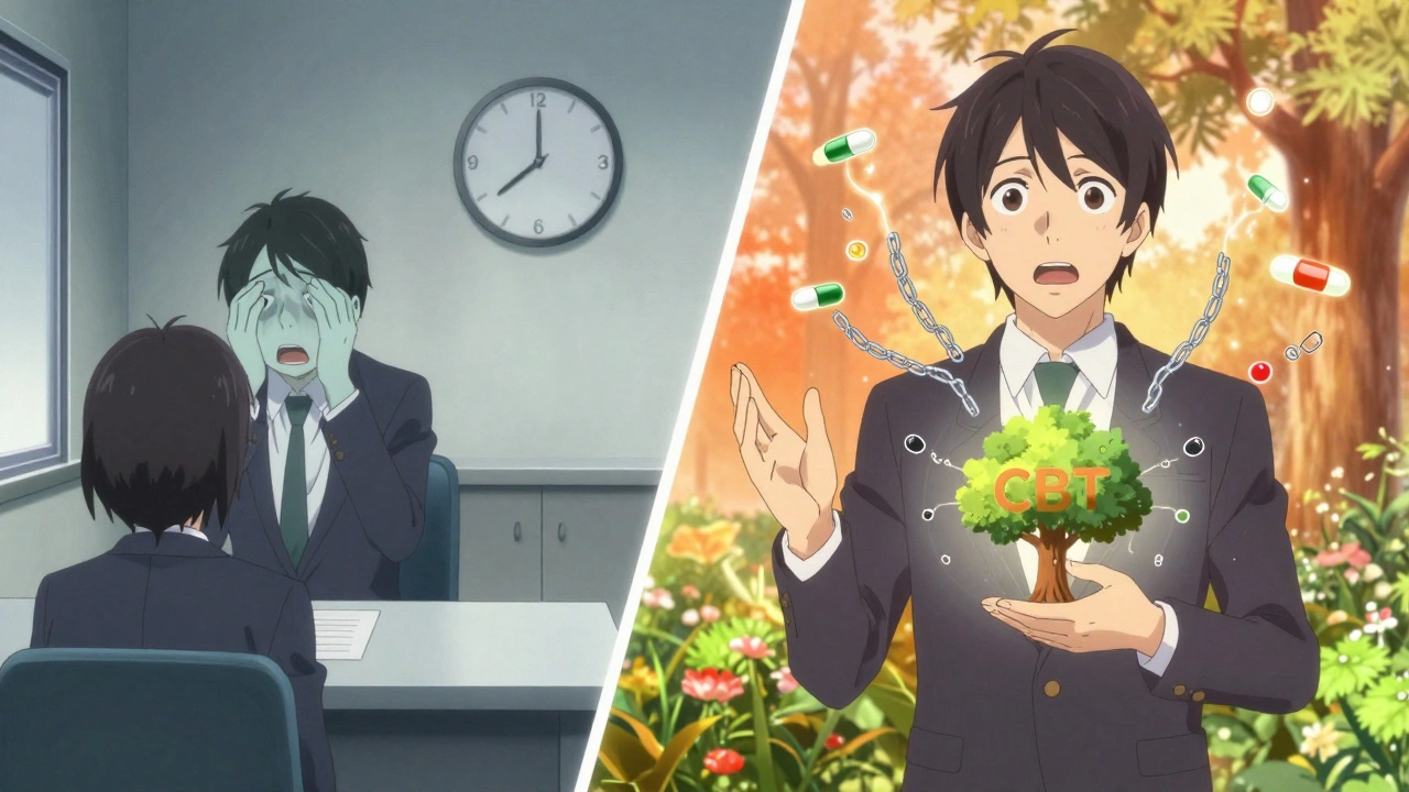 Split image of someone transforming from frozen anxiety to confident speaker, with fading medication symbols and growing neural growth.