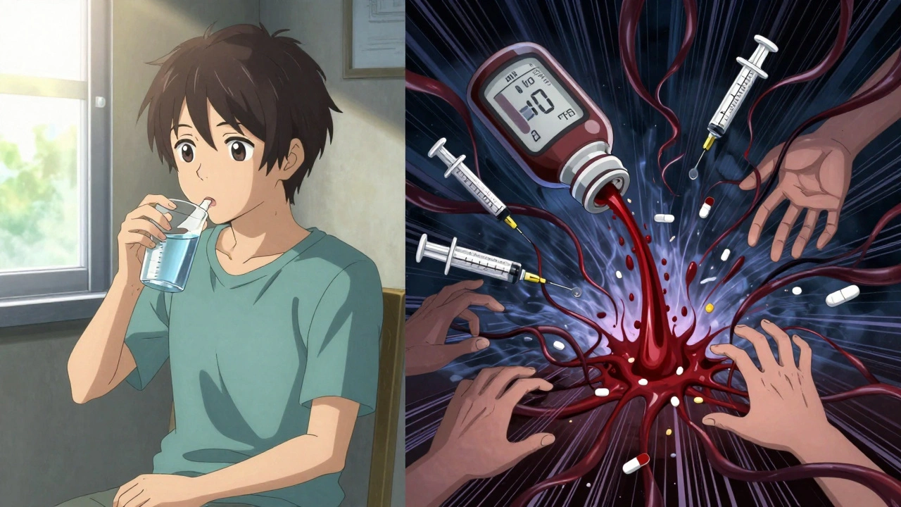Split scene: calm ginseng intake vs. nightmare vision of collapsing blood sugar and meds.