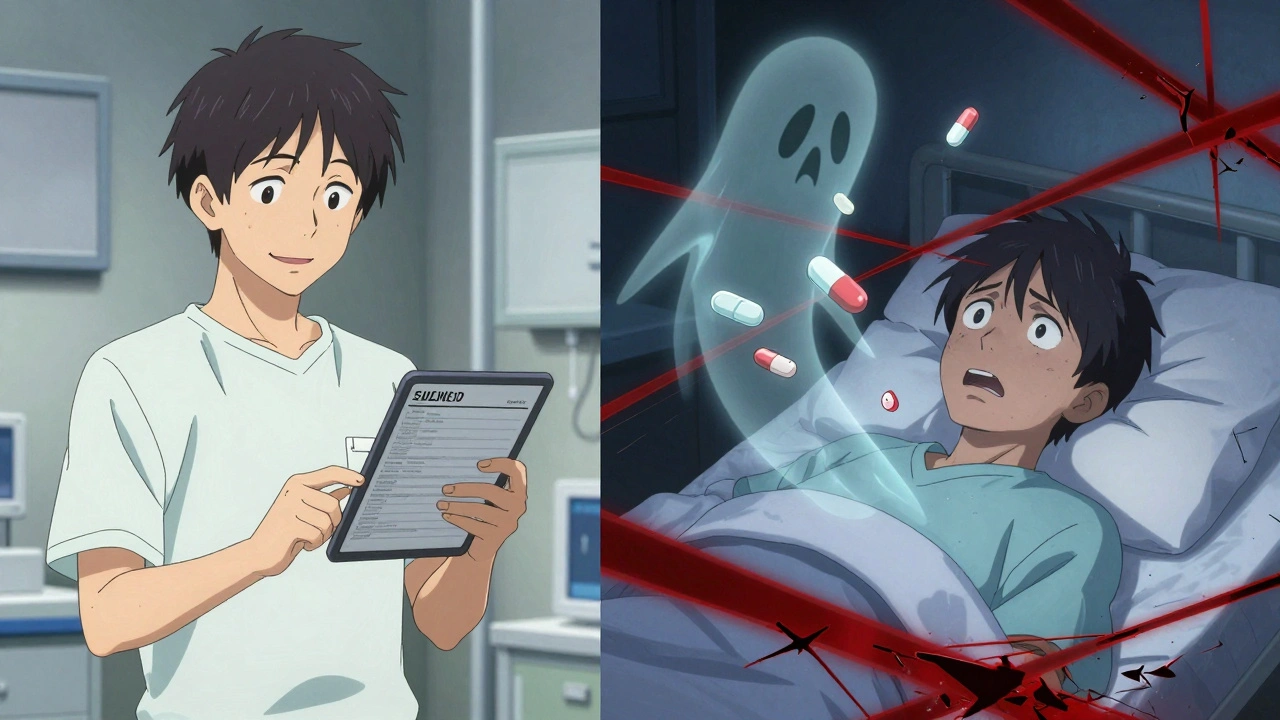 Split scene: man safely reviewing meds with pharmacist, flashback of dangerous drug interactions.