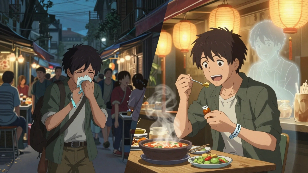 Split scene: one side shows illness on a street, the other shows the same person safely eating food.