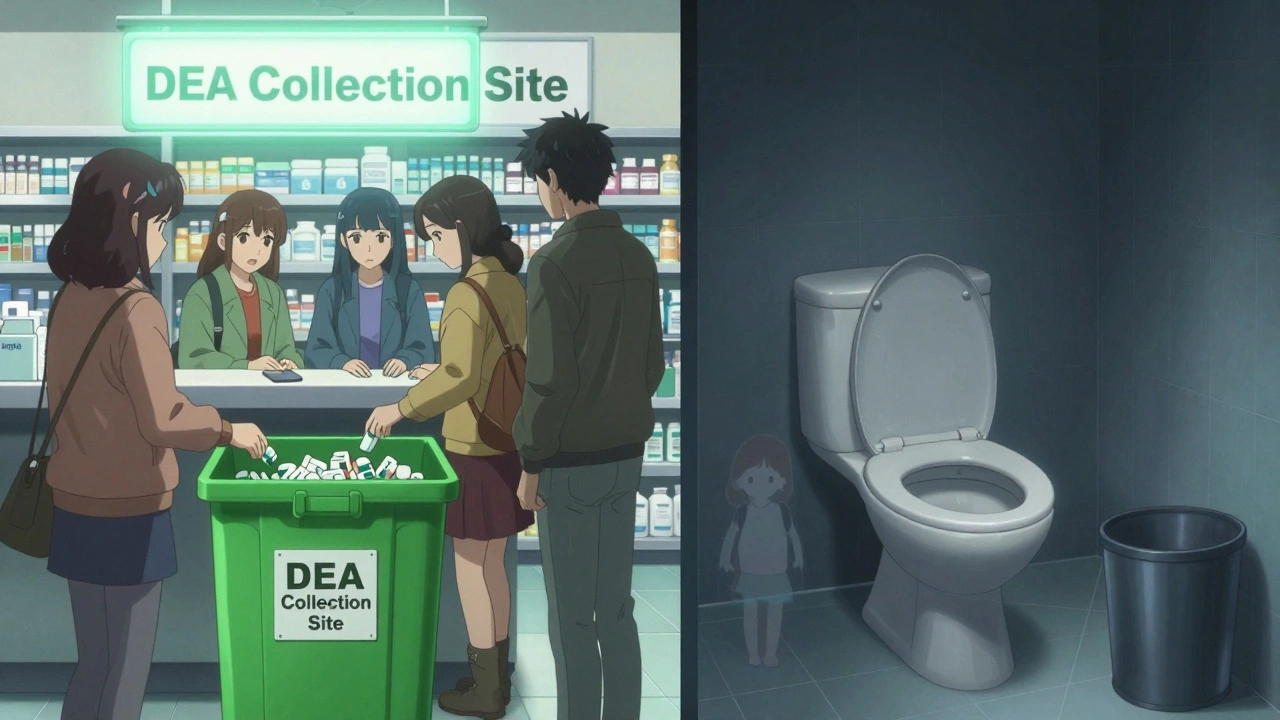 Split scene: people dropping meds at a pharmacy take-back bin vs. someone flushing a pill at home.