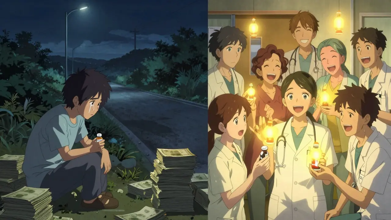 Split scene: rural patient struggling with cost vs. hopeful clinic with biosimilars glowing