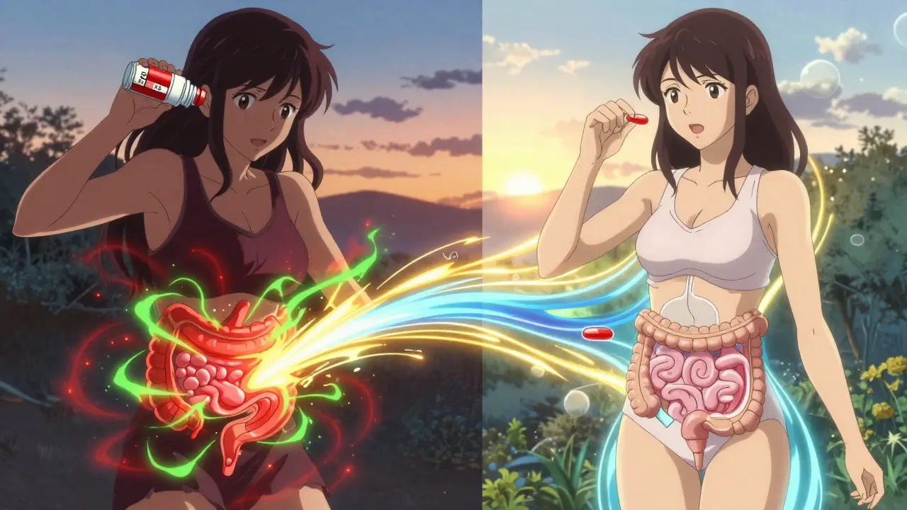Split scene showing folic acid and iron clashing vs. properly timed absorption in anime style.