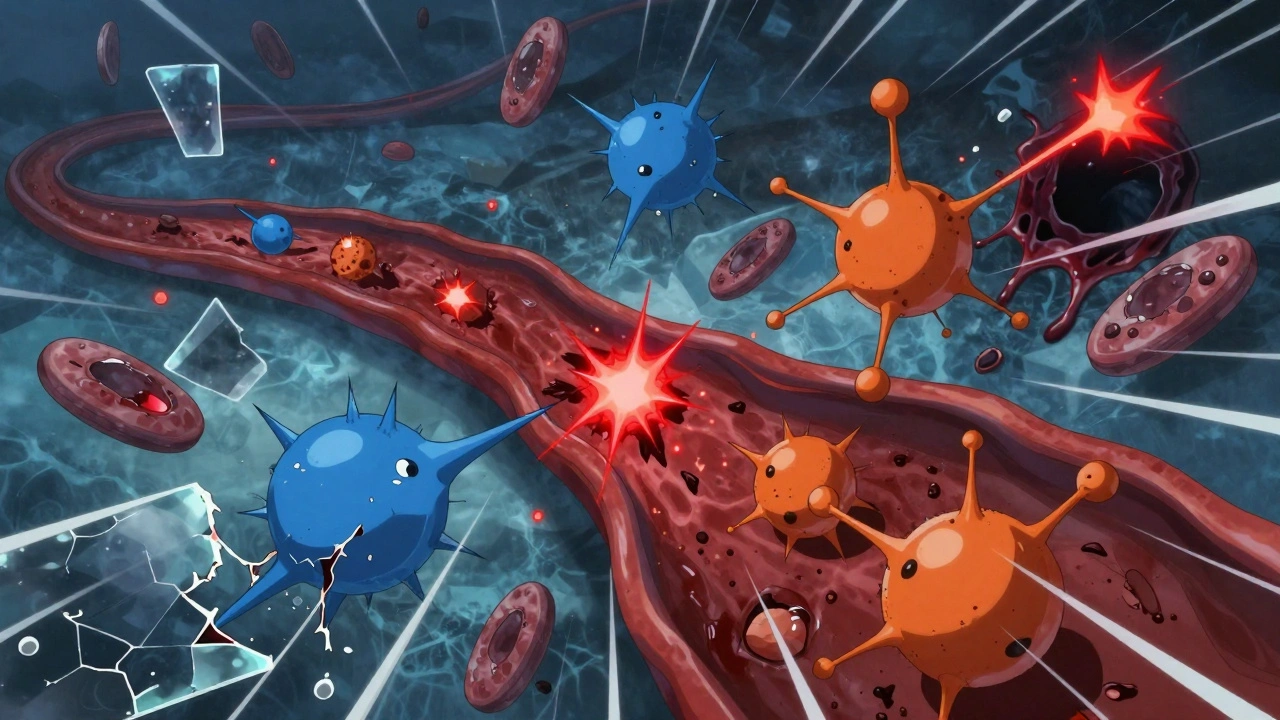 Symbolic battle in bloodstream between warfarin and vitamin E molecules causing platelet fragmentation.