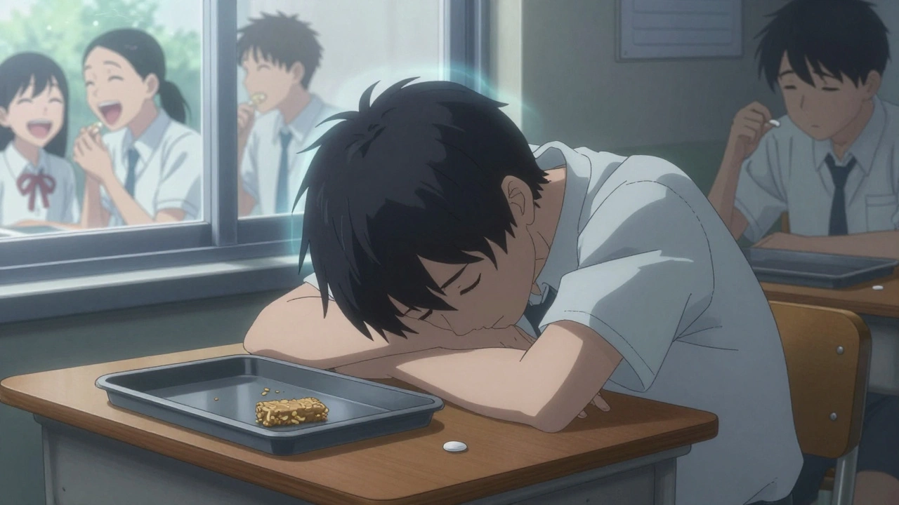 Teen ignoring a lunch tray at school, feeling the appetite-suppressing effects of stimulant medication.