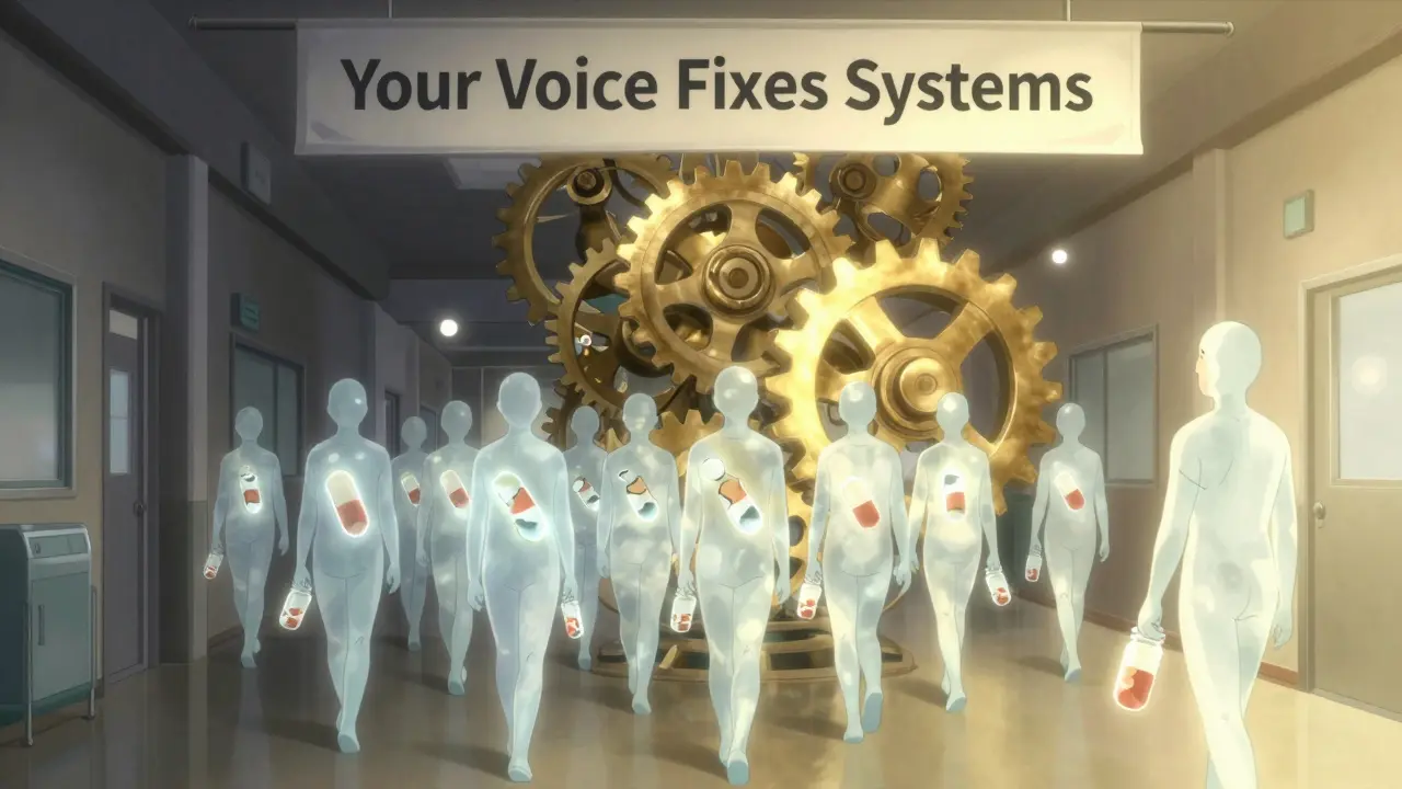 Translucent patients walk down a corridor, repairing a broken system with their reports.