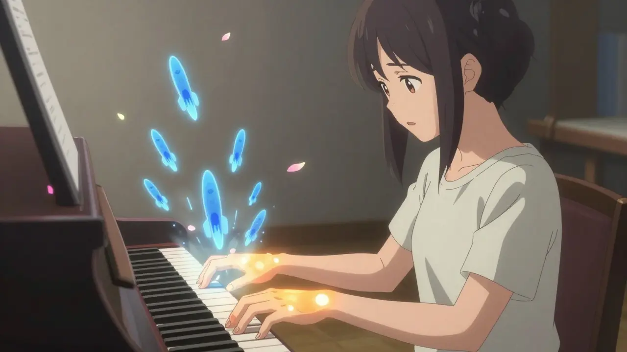Woman playing piano as healing energy flows through her joints, pain fading into light