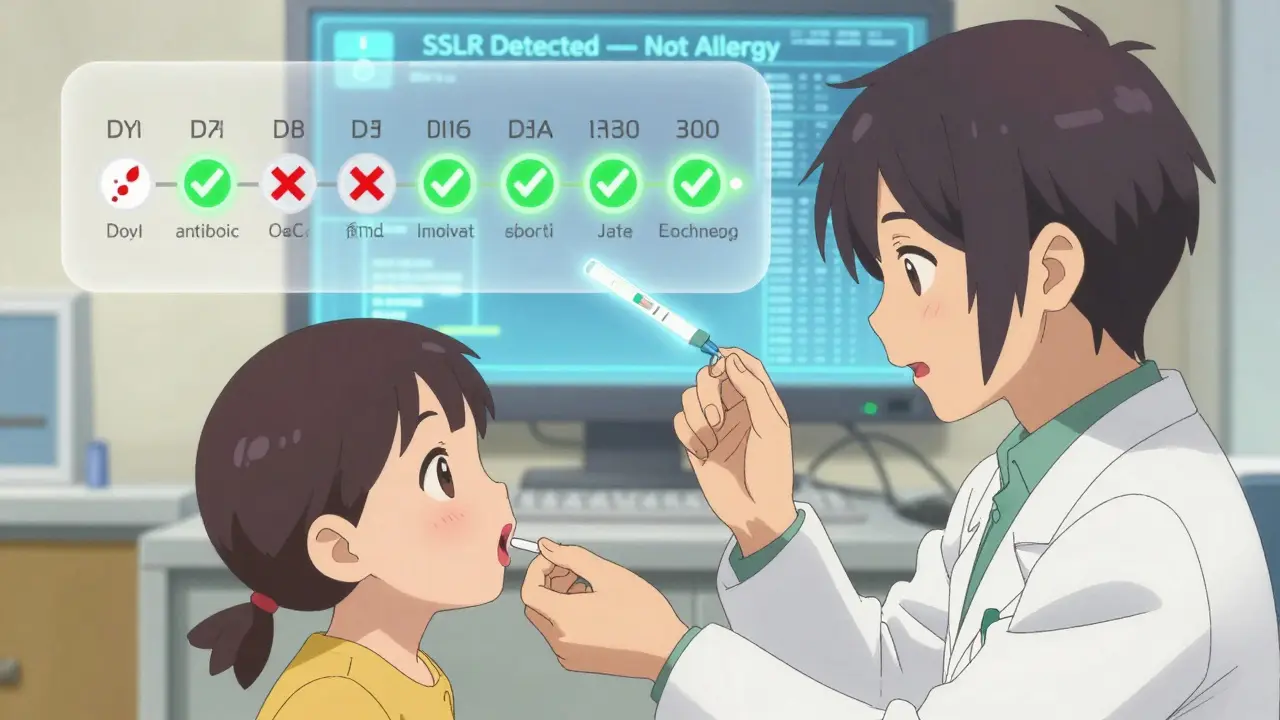 A child takes a safe antibiotic rechallenge while a timeline shows red X’s turning to green checkmarks over time.