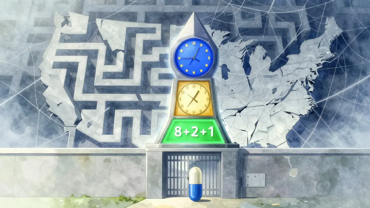 A clean EU clock tower shows 8+2+1 exclusivity segments as a generic capsule approaches, while a tangled U.S. patent maze looms behind.