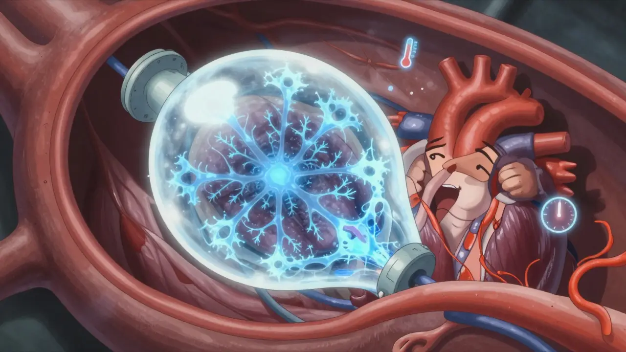 A cryoballoon freezes a pulmonary vein with icy blue patterns, while a glowing nerve twitches nearby in a stylized heart procedure.