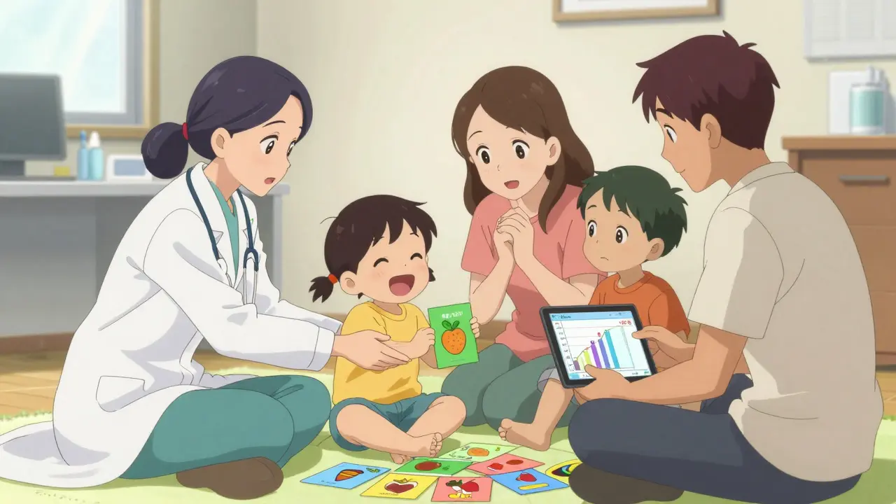 A health coach teaches a diverse family about the stoplight diet using colorful cards in a warm pediatric office setting.