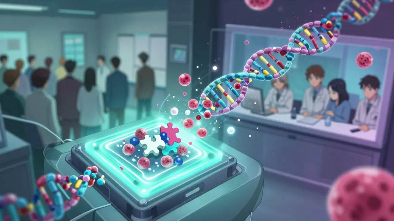 A liquid biopsy sample glowing in a microfluidic chip, with DNA transforming into drugs locking into cancer cells.