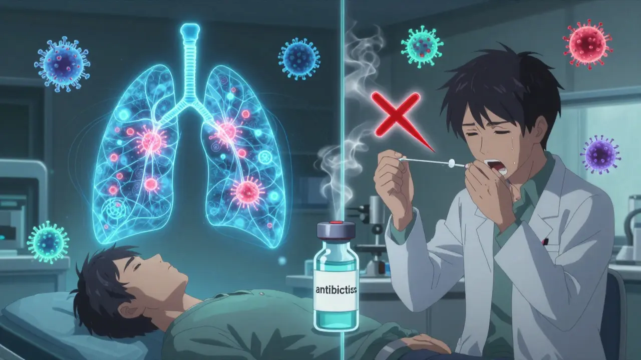 A medical lab with holographic viral infection patterns and a crossed-out antibiotic vial, showing diagnostic tech.