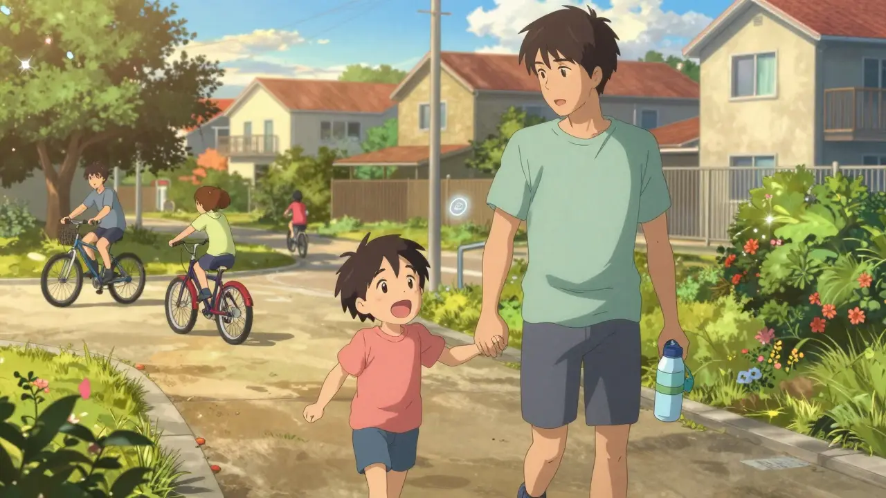 A parent and child walk happily in the neighborhood at sunset, symbolizing daily physical activity and healthy habits.