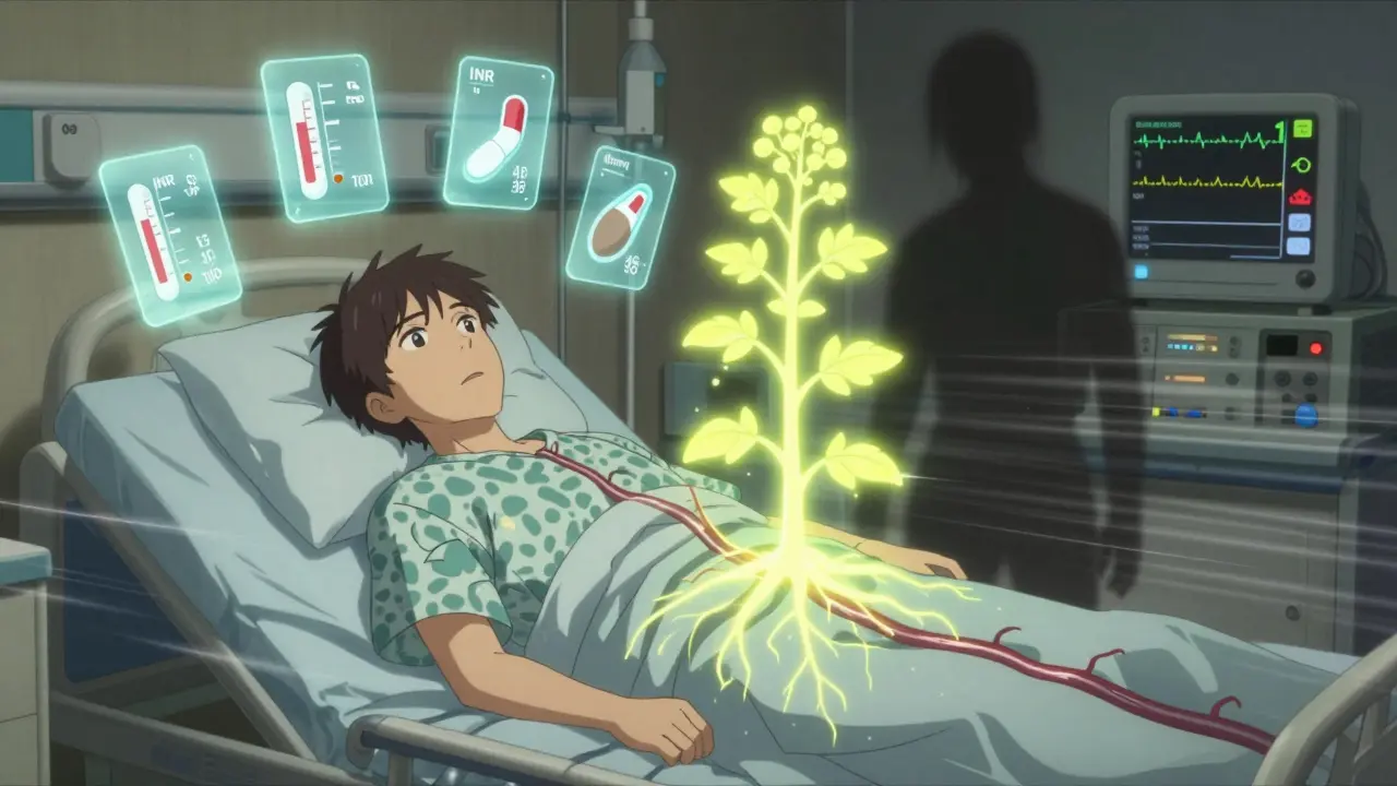 A patient in a hospital bed is surrounded by failing medication icons as a glowing St. John’s Wort plant entwines their bloodstream.