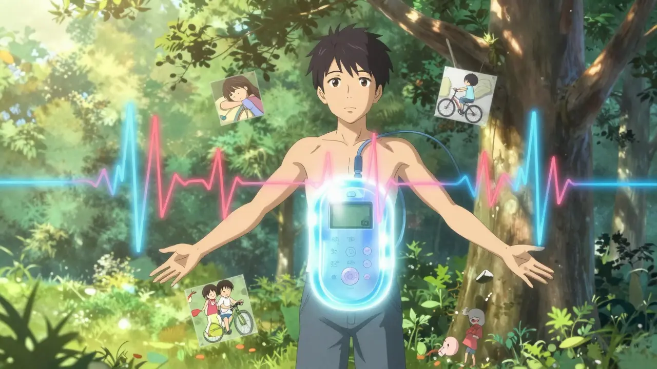 A patient stands in a sunlit park as a glowing ICD transforms chaotic heart rhythms into calm waves beneath their skin.