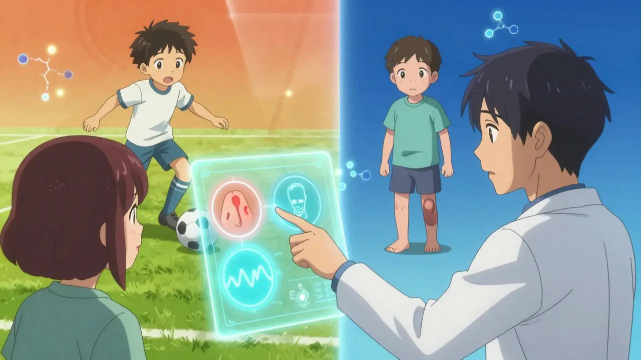 A pediatrician explains SSLR to a parent using a glowing digital chart showing rash, fever, and joint pain symptoms.