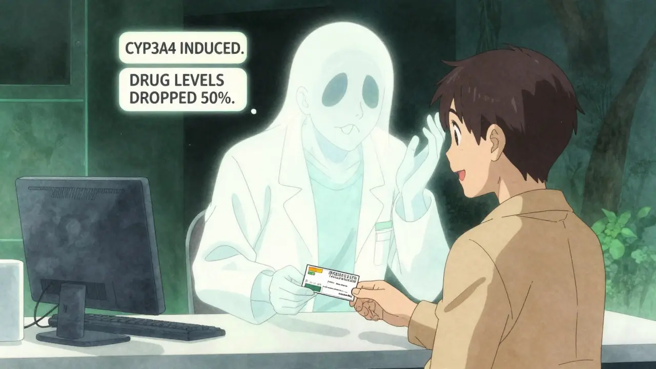 A pharmacist hands a prescription while a ghostly St. John’s Wort figure whispers warnings behind the patient.