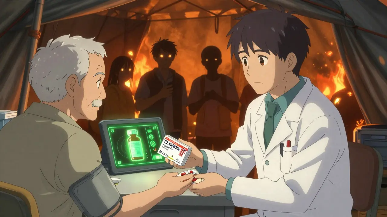 A pharmacist hands emergency medication to an elderly man in a wildfire evacuation tent, with a potency scanner glowing on a tablet.