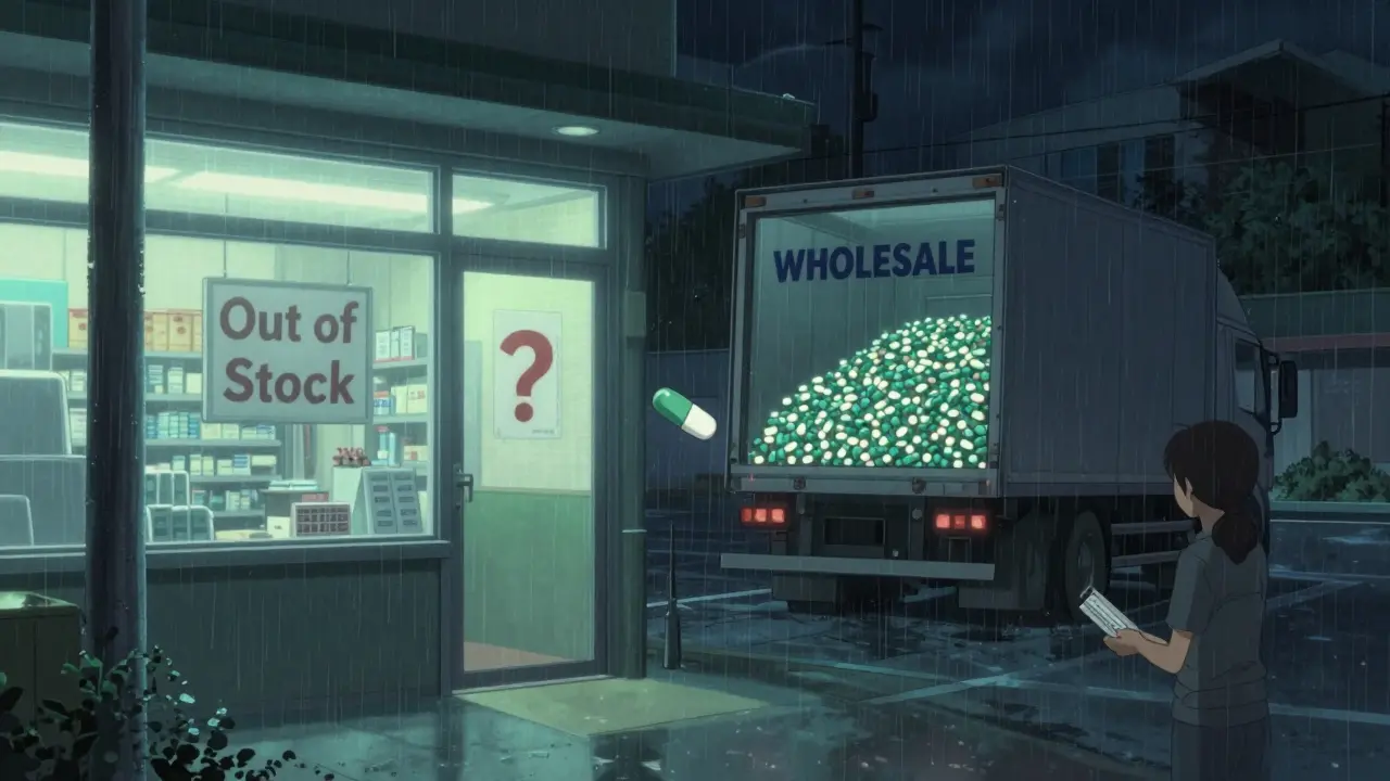 An empty pharmacy window at night as a wholesale truck drives away, a single pill floats with a question mark.