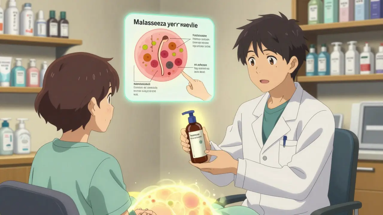 Dermatologist explaining fungal acne with floating diagram of yeast in follicles, patient holding shampoo bottle.