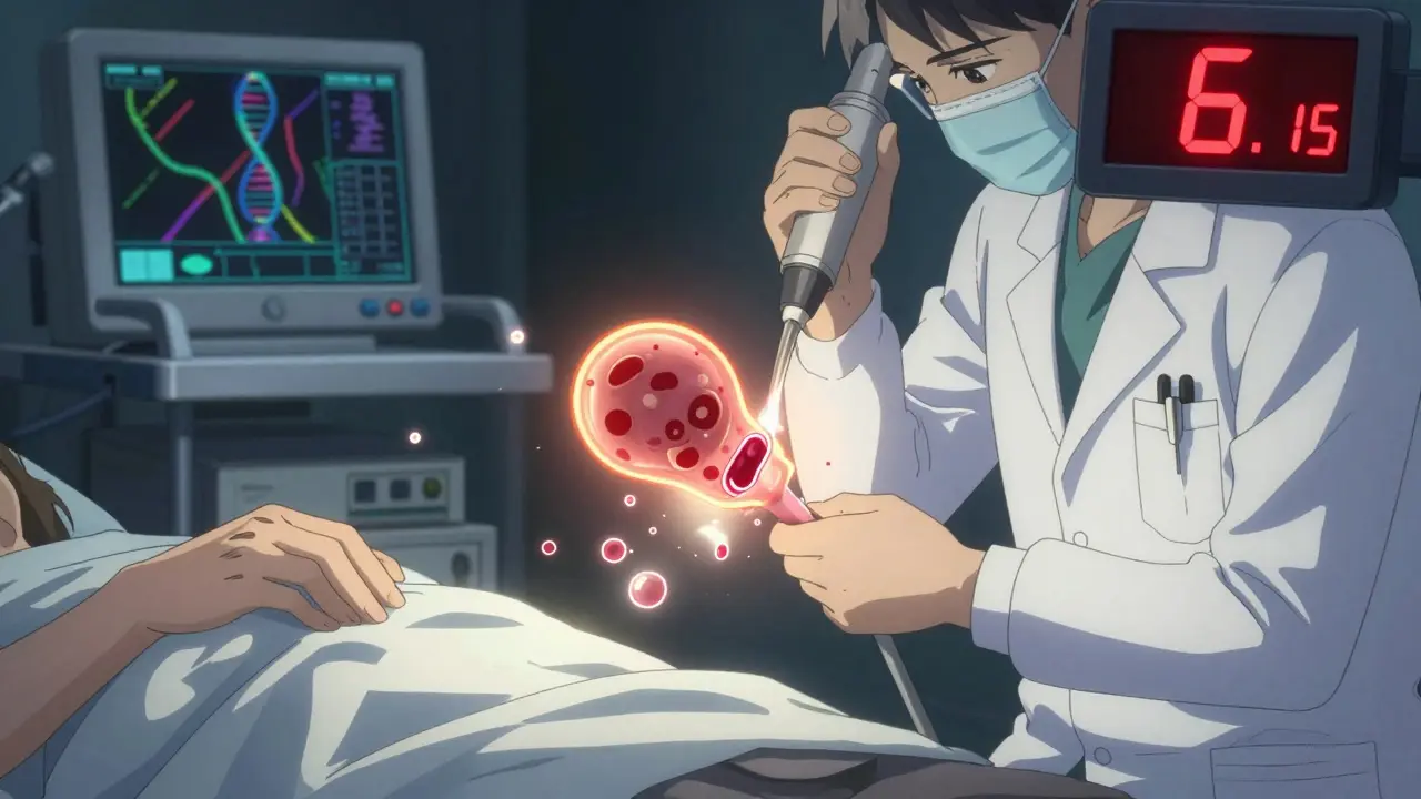 Doctor removing a large polyp in pieces, with floating fragments and a 6-month timer glowing nearby.