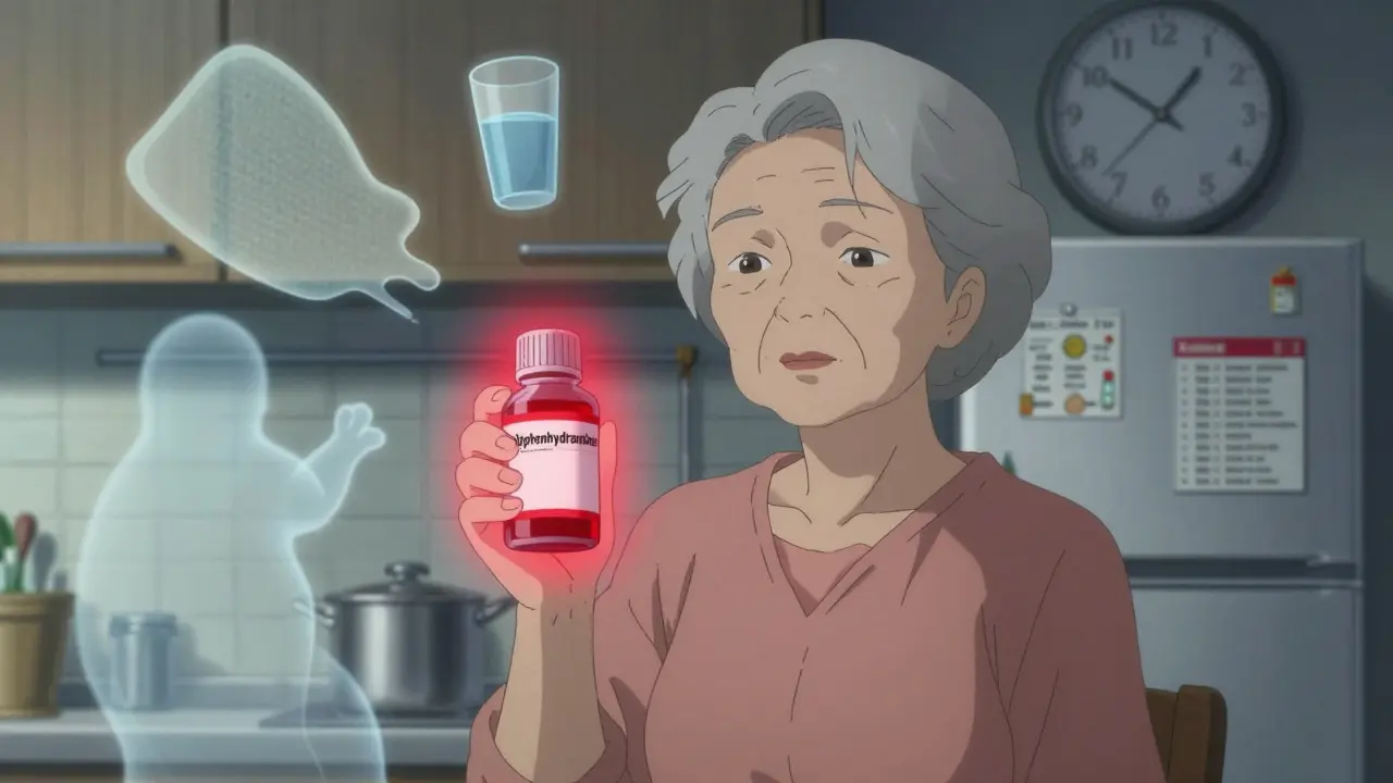 Elderly woman holding sleep aid with ghostly falling objects around her.