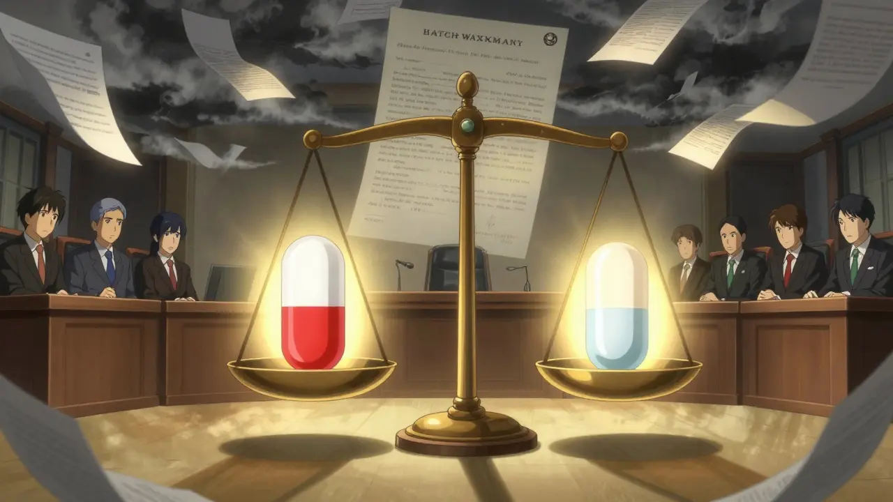 Generic drug developer facing off against a corporate entity over patent documents, with a balanced scale of pills glowing equally.