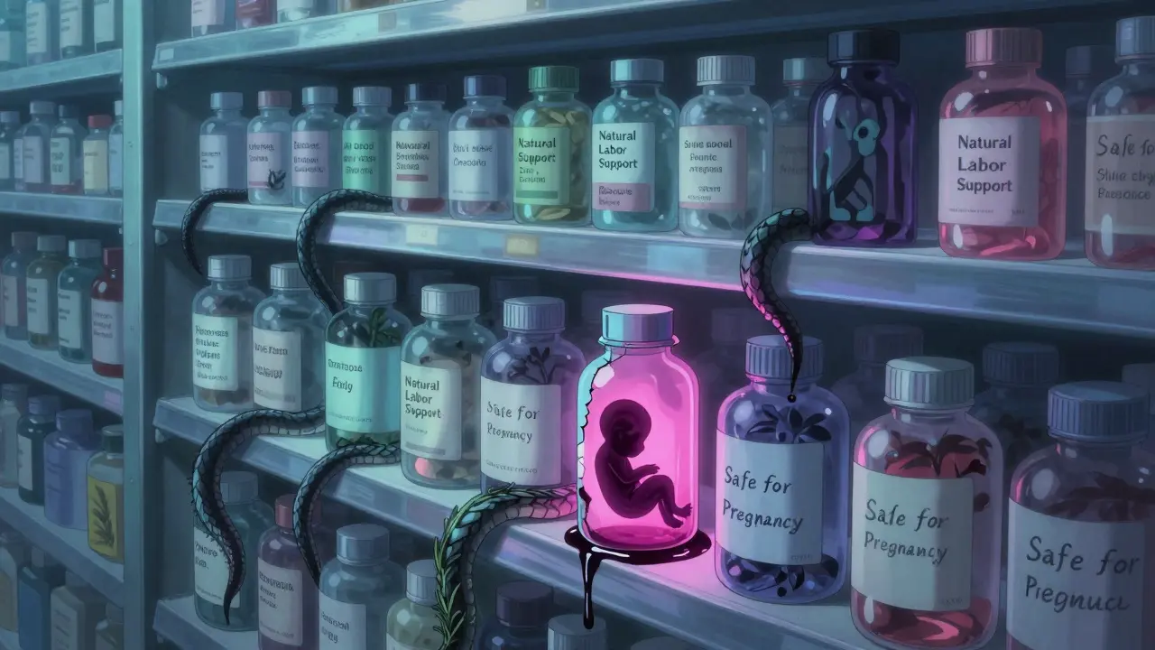 Health food store shelf with glowing supplement bottles and hidden dangerous herbs slipping out.