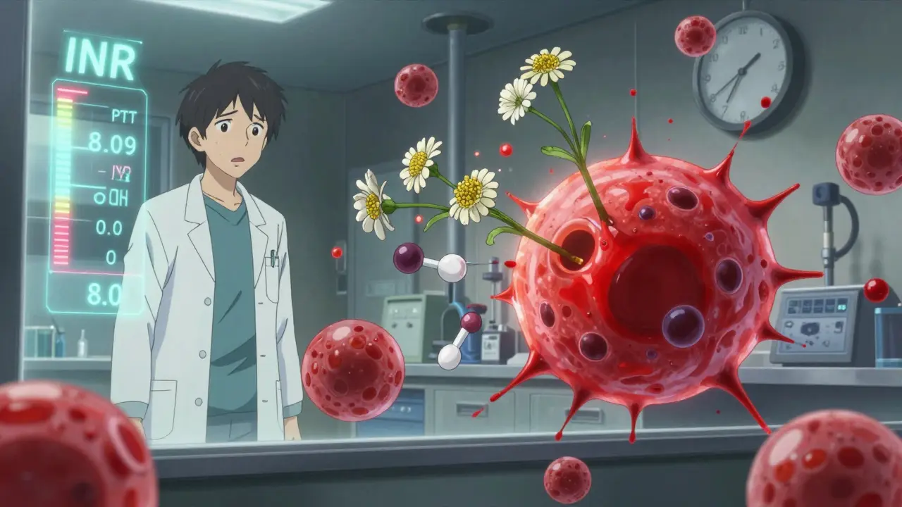 Laboratory scene with feverfew flowers releasing particles that clash with warfarin molecules, causing bleeding in blood cells.