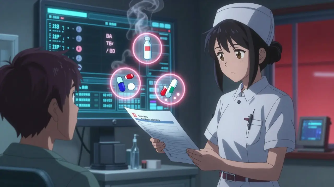Nurse giving a safety checklist to a patient while glowing warning icons hover above dangerous medications in a hospital room.