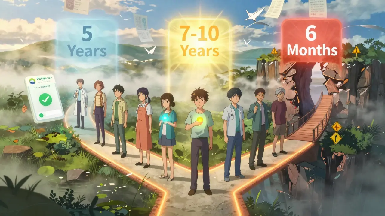 Patients choosing between different colonoscopy follow-up paths with glowing polyp emblems.